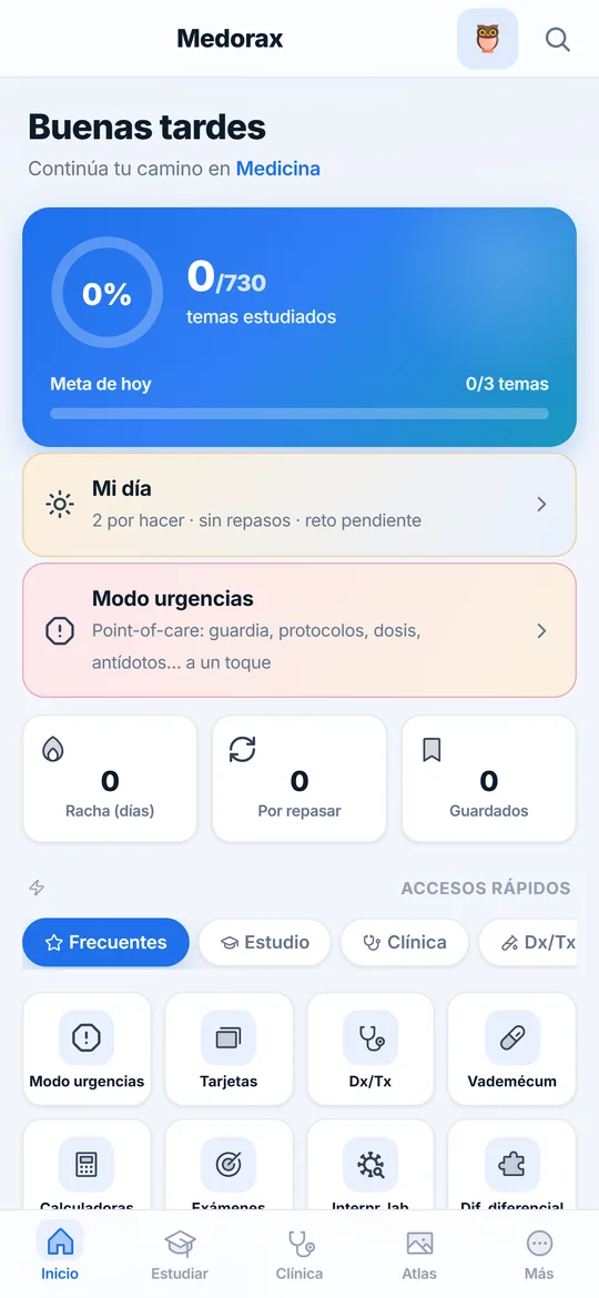 Pantalla de inicio de Medorax con el progreso de estudio del día